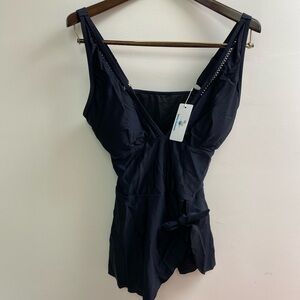 NWT Black One-Piece Swimdress with V-Neck and Tie Waist Size L